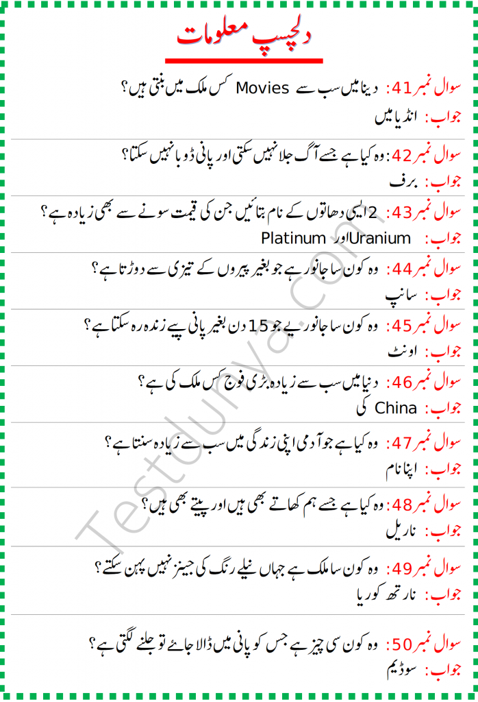 General knowledge questions and answers in Urdu, Riddles in Urdu, Paheliyan in Urdu, Amazing questions with their answers in Urdu, most important questions and answers about science, Islamic questions and answers, questions and answers about different countries, important questions about humans, quizzes about different languages