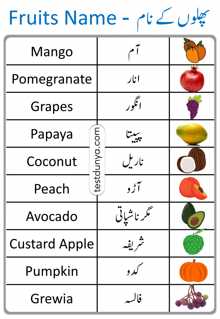 Fruits Names Vocabulary with Urdu Meanings learn fruits name with Urdu meanings fruits vocabulary in Urdu and English fruits name in English and Urdu.