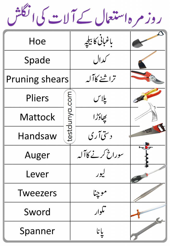 Tools Vocabulary in Urdu, Weapons Vocabulary in Urdu, Tools name in English and Urdu, Tools name in English and Hindi, English to Hindi tools vocabulary, English to Urdu tools vocabulary