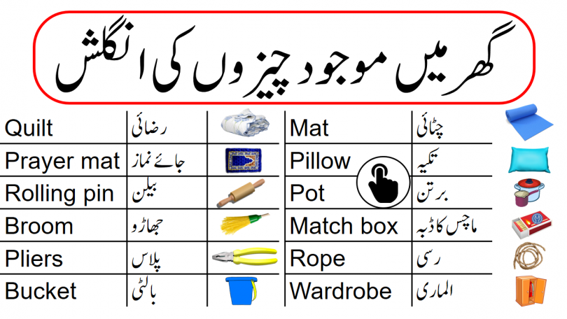 House Use Items Names in English and Urdu, Household things vocabulary with Urdu Meanings, House items names in English and Hindi