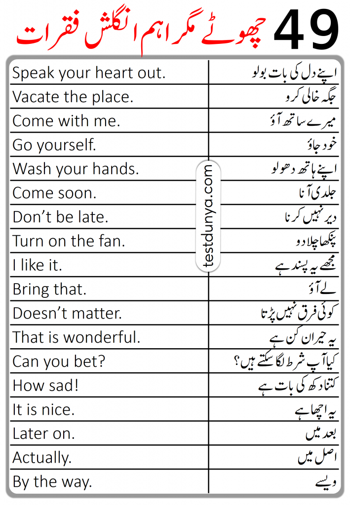 49 Short English Sentences with Urdu Translation